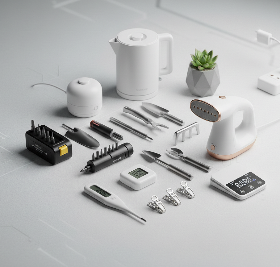 Modern home and lifestyle products online including kitchen gadgets, wellness tools, and smart home essentials displayed on a table