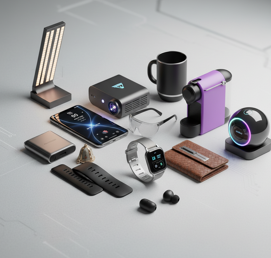 Trending gadgets and electronics collection featuring smartwatches, wireless earbuds, portable projector, smartphone, and modern tech accessories