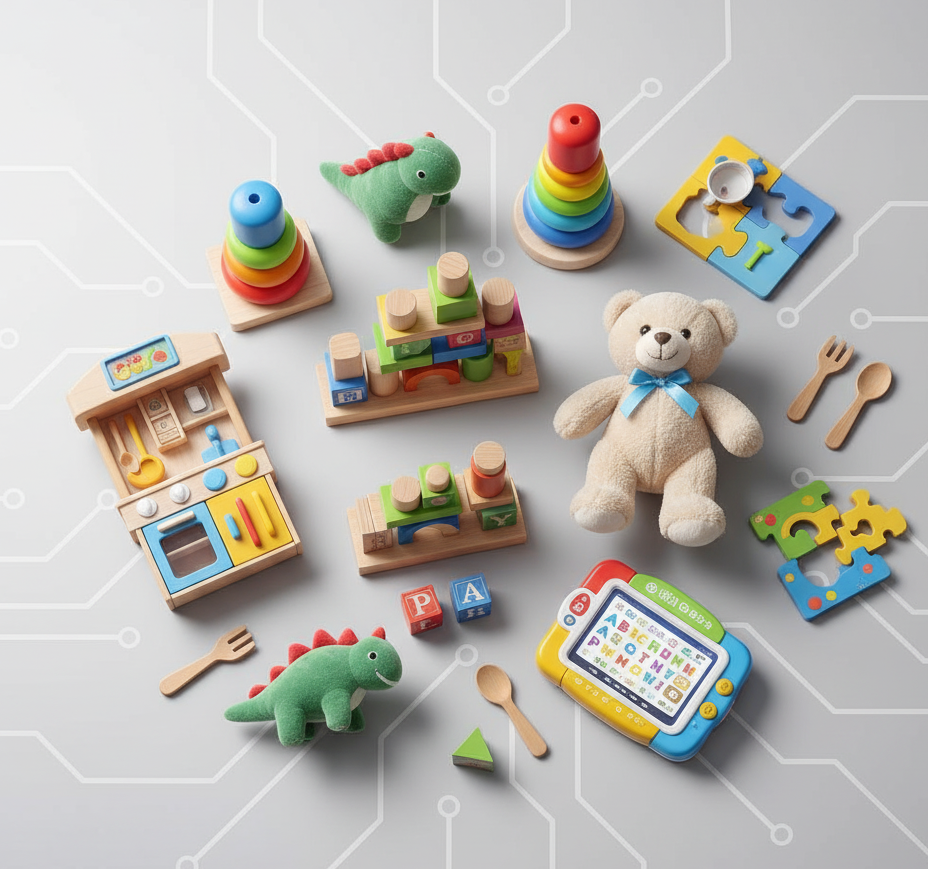 Educational toys for kids including stacking rings, building blocks, puzzles, plush bear, and toy dinosaurs on white background