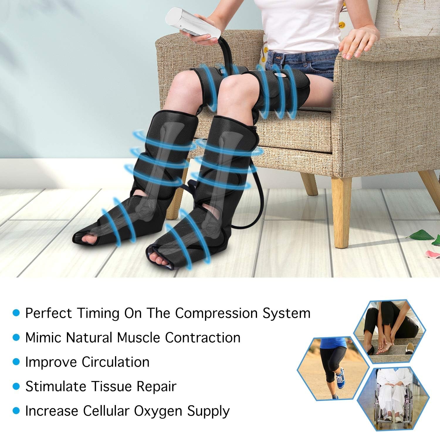 Full Leg Massager for Enhanced Circulation and Pain Relief, Air Compression Therapy for Feet, Calves, and Thighs with 3 Modes, 3 Intensities, and 2 Extenders