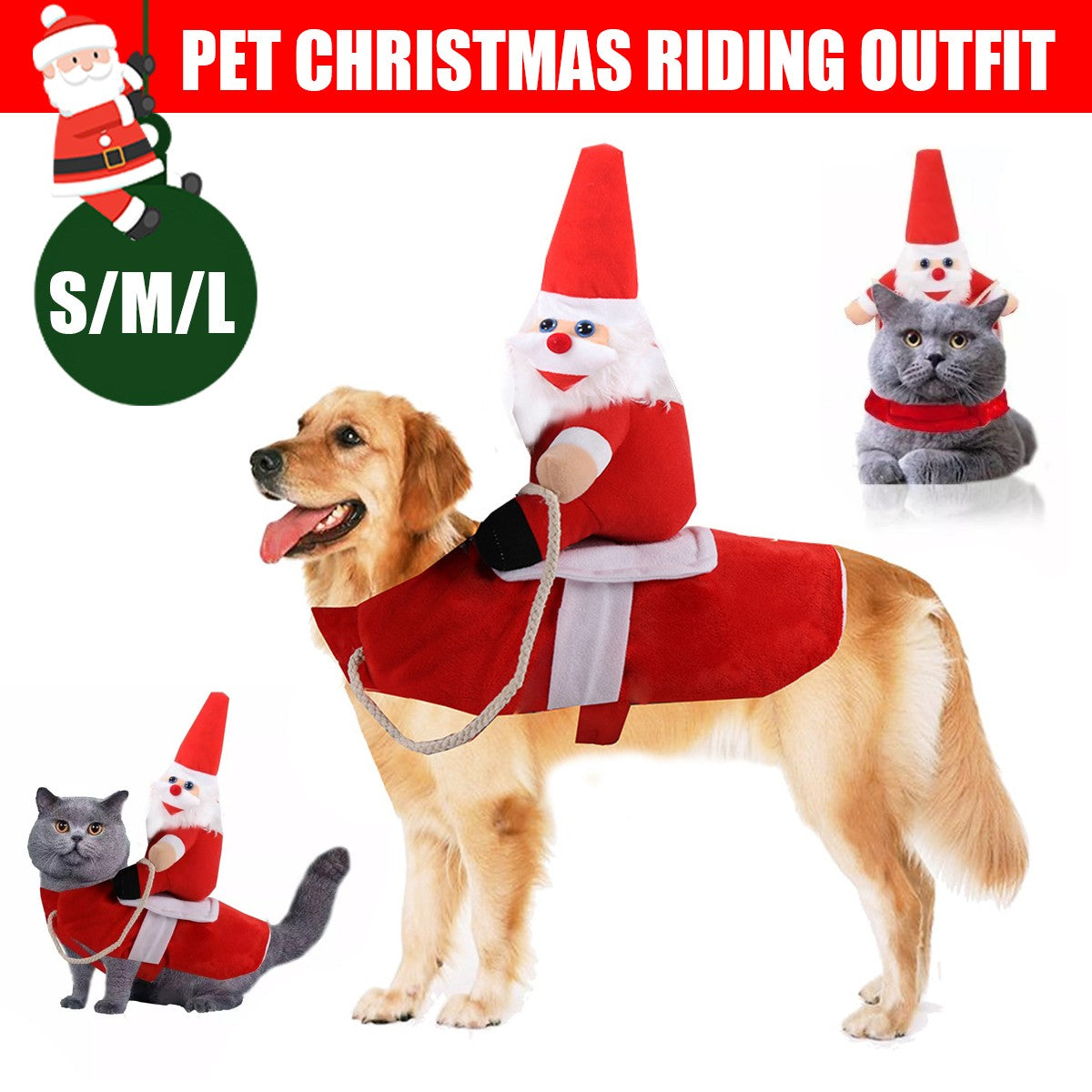 Christmas Santa Pet Costume Dog Cat Funny Riding Suits Holiday Outfit Wears Xmas