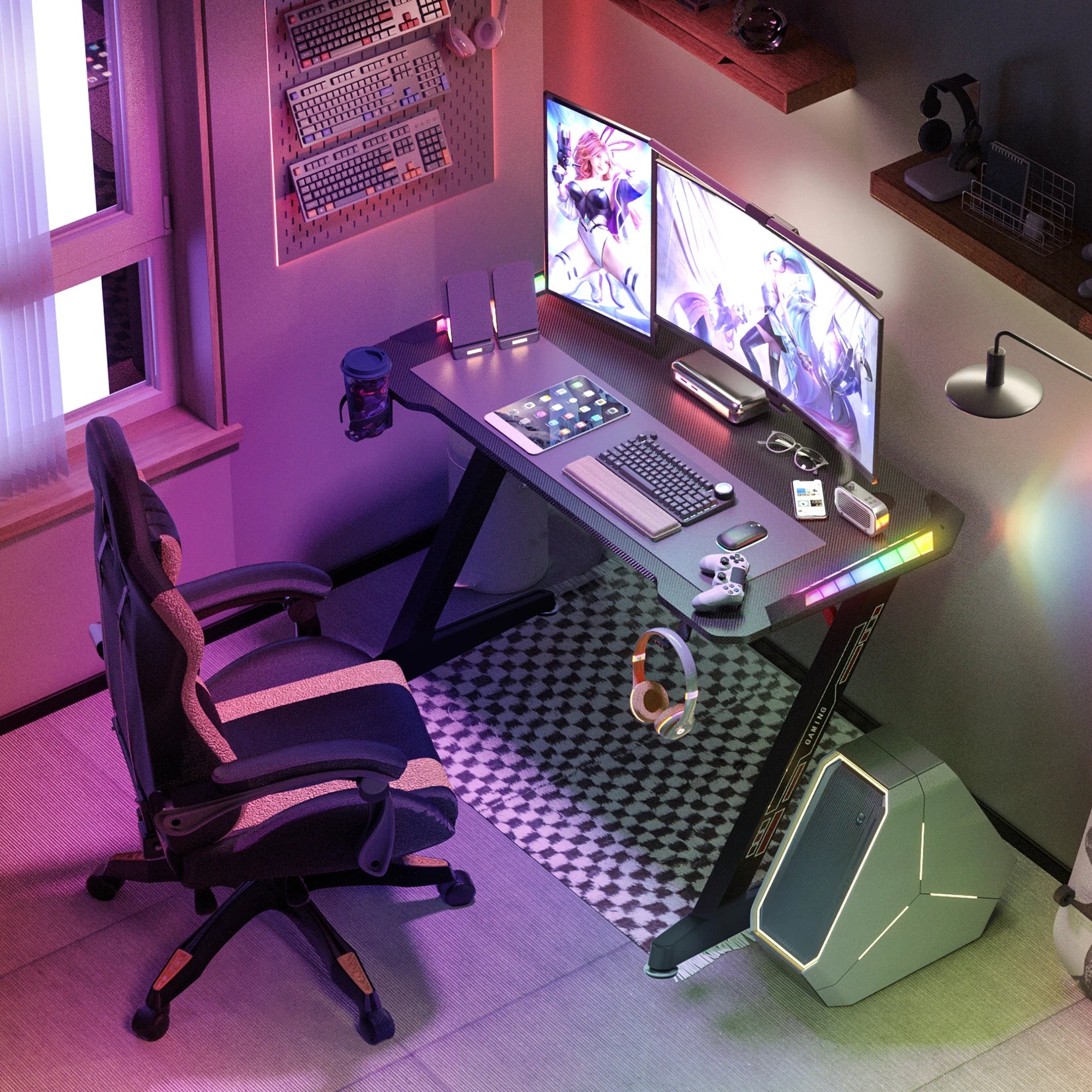 Z-Shaped RGB LED Gaming Desk - Extra Large 140cm Home Office Table