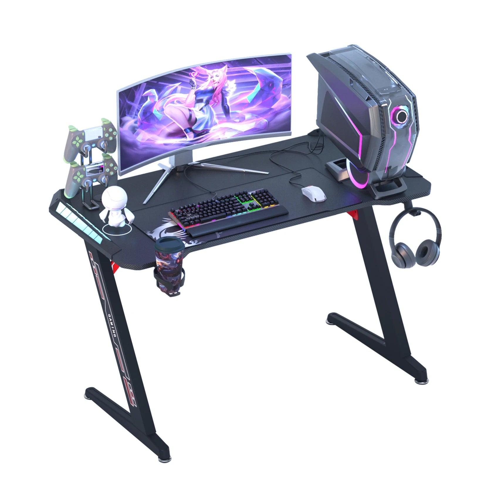 Z-Shaped RGB LED Gaming Desk - Extra Large 140cm Home Office Table