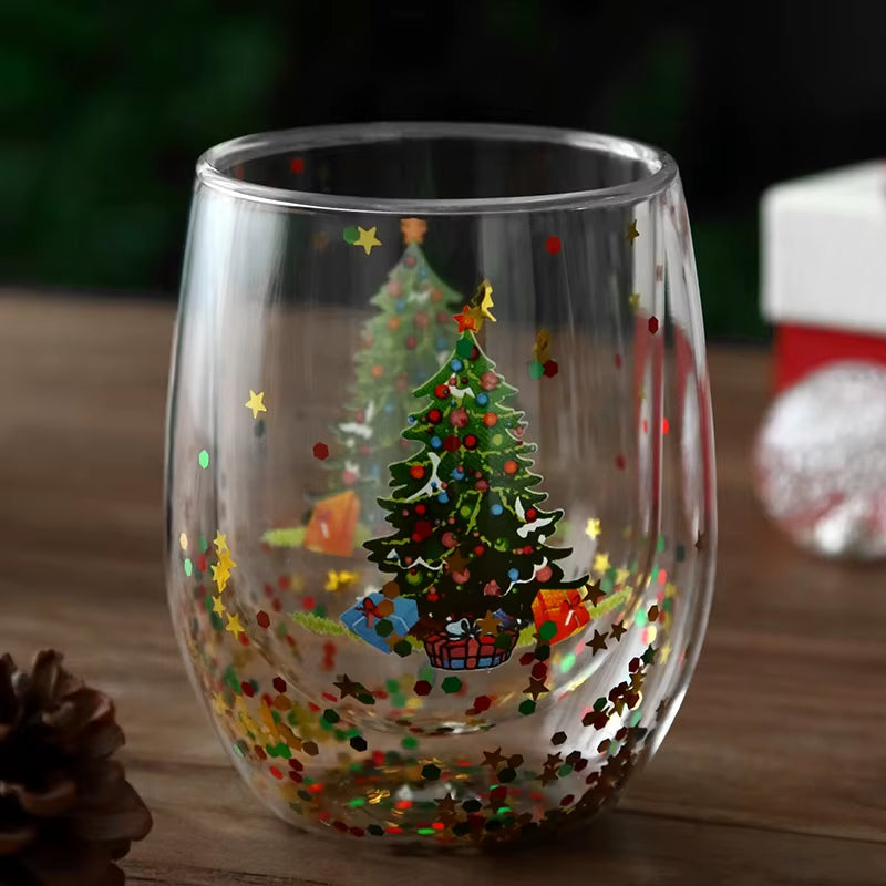 1PCS Double-Wall Christmas Glass Mug Heat-Resistant Beautiful Cup for Coffee Water Bar Drinkware Christmas Gift