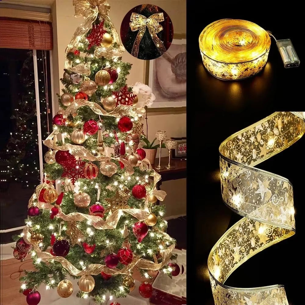 Elegant Ribbon Fairy Light Christmas Decorations - String Lights for Home and Tree Ornaments for the 2024 Holiday Season