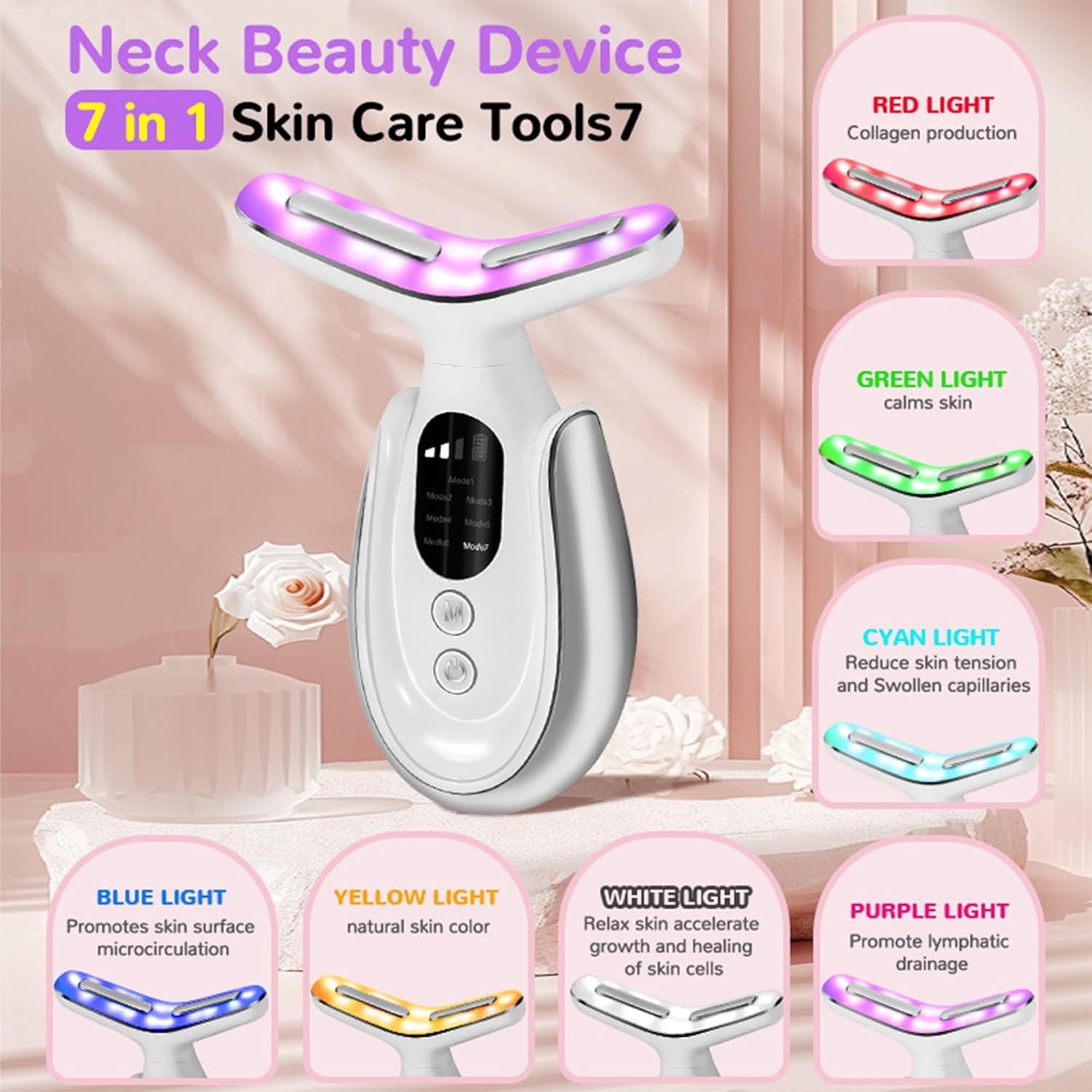 7-Color Facial and Neck Massager - Triple-Action Anti-Wrinkle and Skin Rejuvenation Device for Home Beauty Care