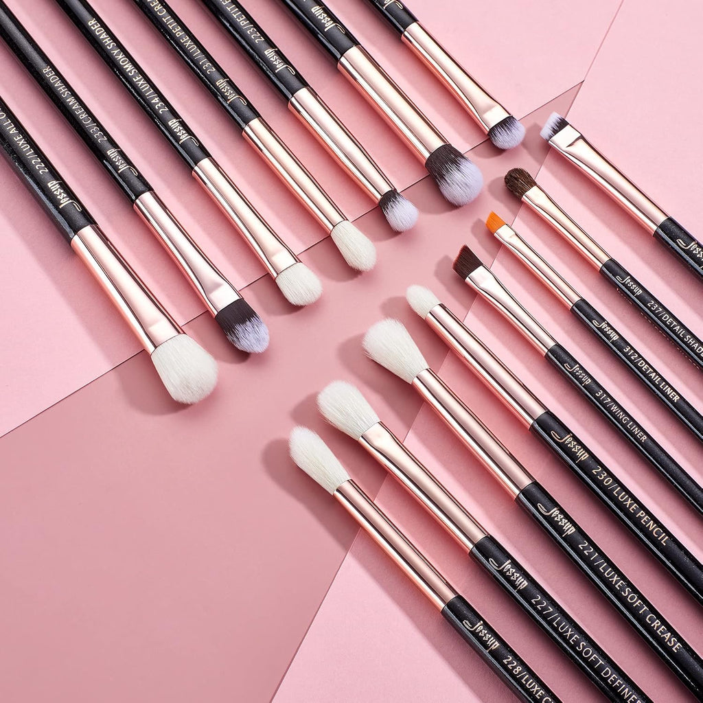 15Pcs Professional Makeup Brushes Set Make up Brush Tools Kit Cosmetics Tools Eye Liner Shader Wood Handle Natural-Synthetic Hair Brushes (Pearl Black/Rose Gold), T157