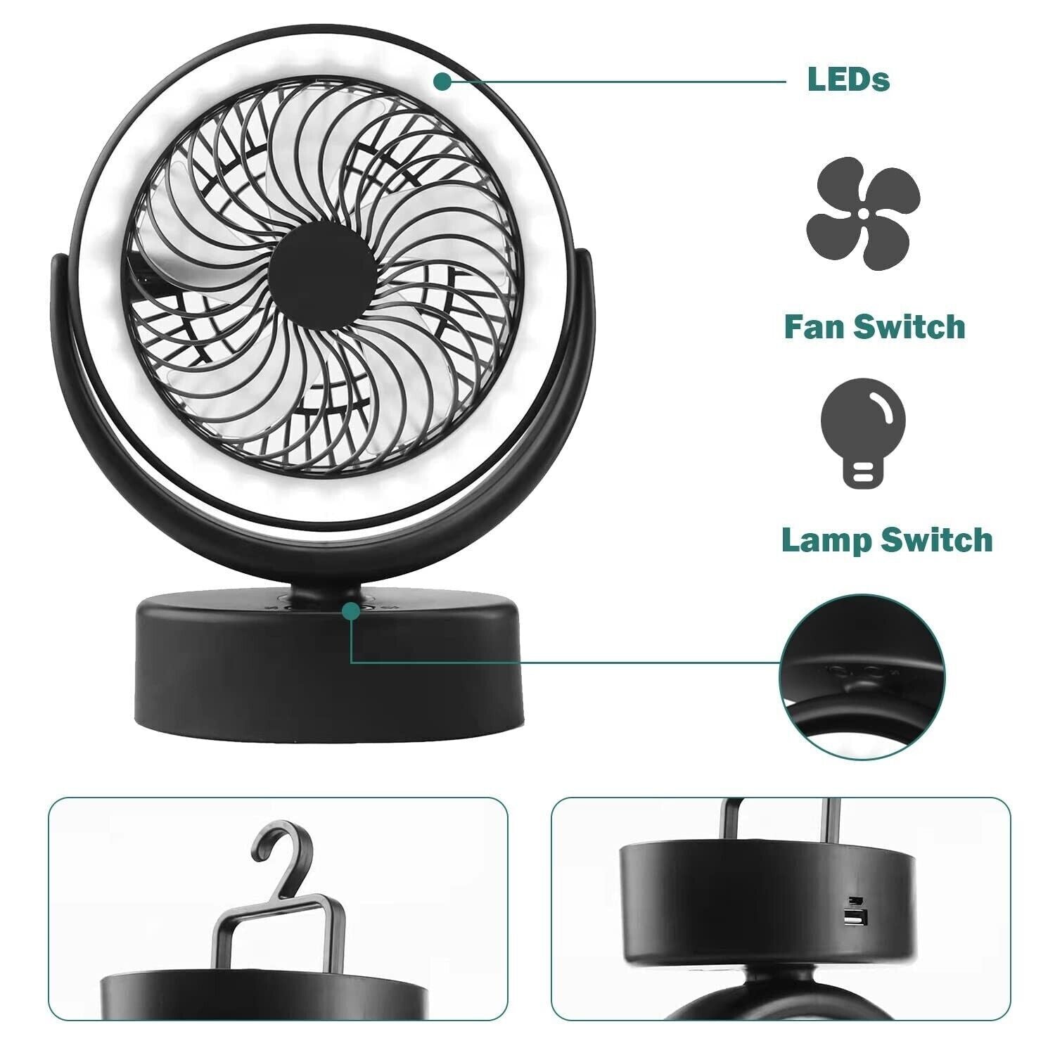 Portable 360° 30Leds Fan Travel Rechargeable USB Clip on Desk Fan with Light Au