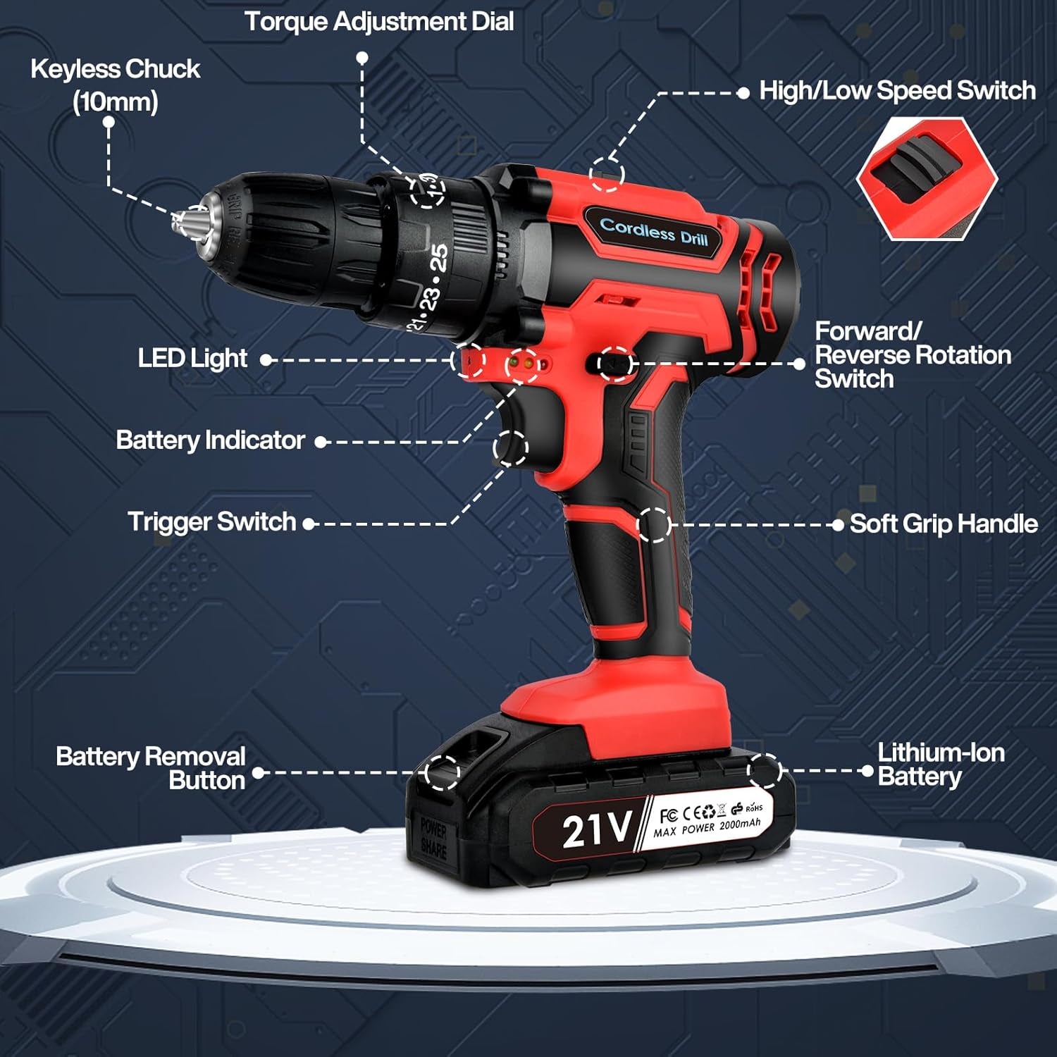 21V Cordless Drill Driver Set: High-Performance Drill with Dual 2.0Ah Batteries, 25+3 Torque Settings, 24 Drill Bits, 2 Speed Options, and LED Light for DIY Projects