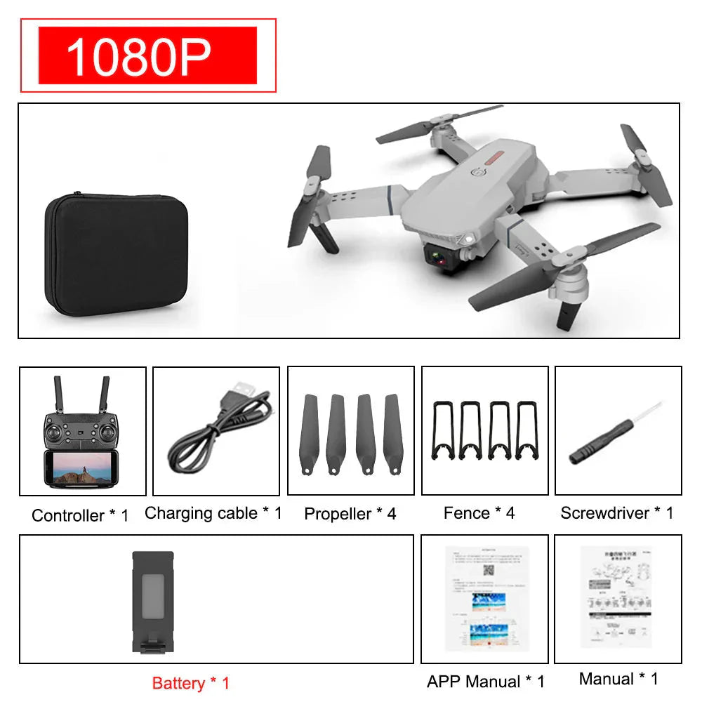 4K foldable drone with camera in gray including remote controller, charging cable, propellers, fence guards, screwdriver, battery, and manuals