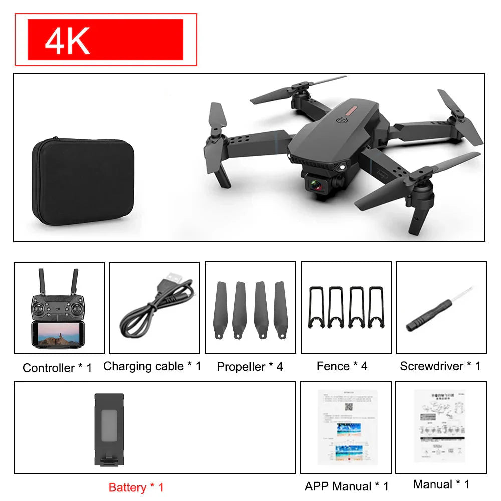 4K foldable drone with camera and included accessories such as controller, charging cable, propellers, battery, and carrying case