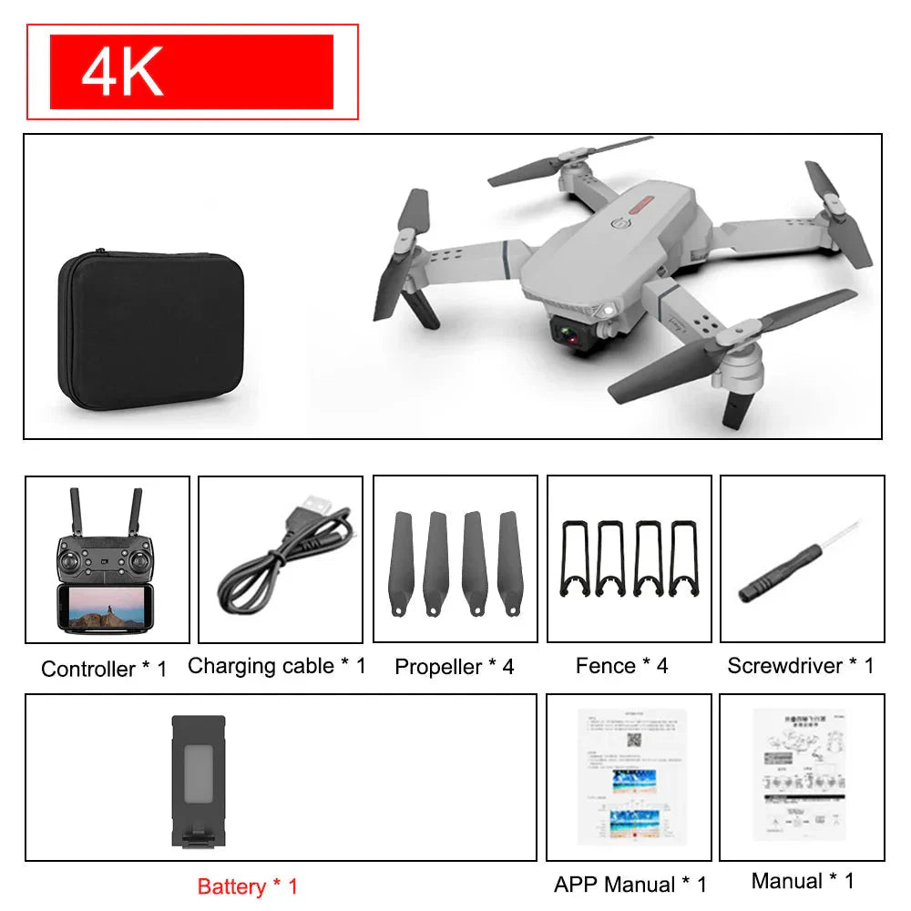4K foldable drone with camera and accessories including controller, charging cable, propellers, fence, screwdriver, battery, and manuals