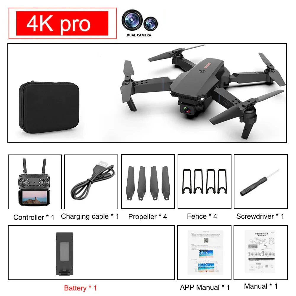 4K foldable drone with camera and accessories including controller, charging cable, propellers, battery, and carrying case