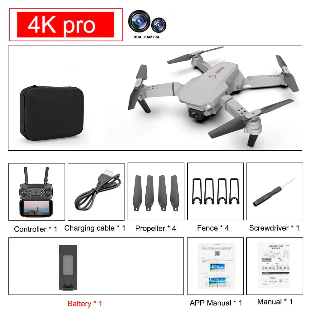 4K foldable drone with camera by SHOP WORLDWIDES including controller, charging cable, propellers, battery, and carrying case