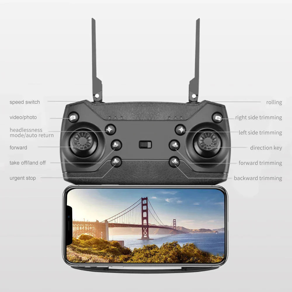 4K foldable drone with camera remote controller featuring dual joysticks and smartphone holder displaying Golden Gate Bridge