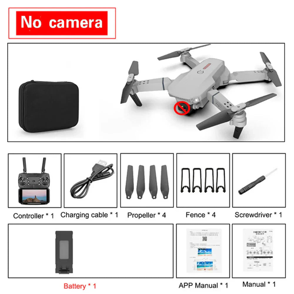 Foldable drone with controller, charging cable, propellers, battery, screwdriver, and manuals without 4K foldable drone with camera