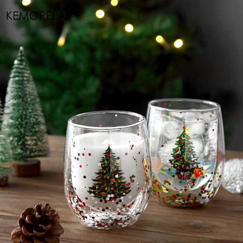 1PCS Double-Wall Christmas Glass Mug Heat-Resistant Beautiful Cup for Coffee Water Bar Drinkware Christmas Gift