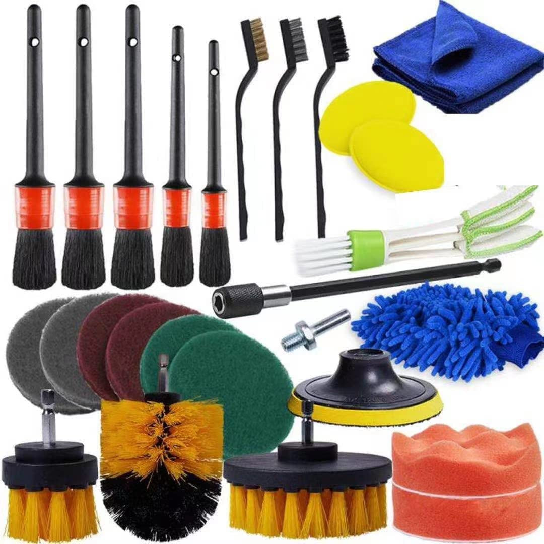 27-Piece Car Detailing Brush Set for Interior and Exterior Cleaning, Including Drill Brushes for Wheels, Dashboard, Leather, and Air Vents