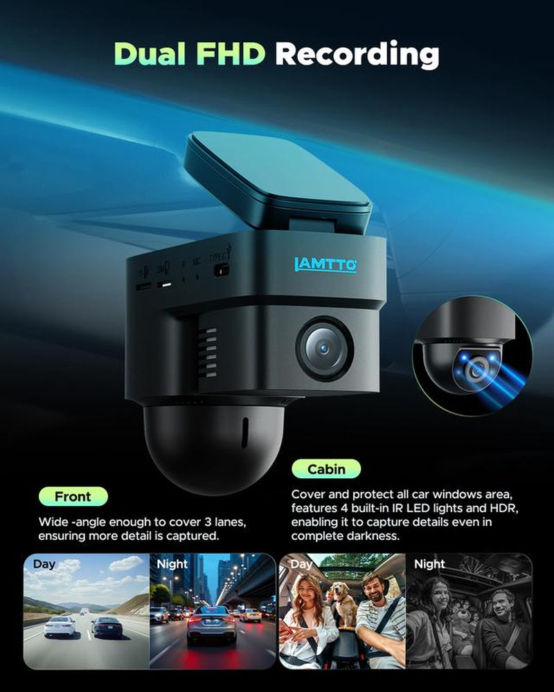 LAMTTO 4G LTE Security Camera- Real-Time Remote Viewing on Phone, Human & Radar Detection, 24/7 Live GPS Tracking & Dual-Channel with Rear Camera IR Night Vision,Obd Powered with Built-In SIM (AT&T) Outdoorfun