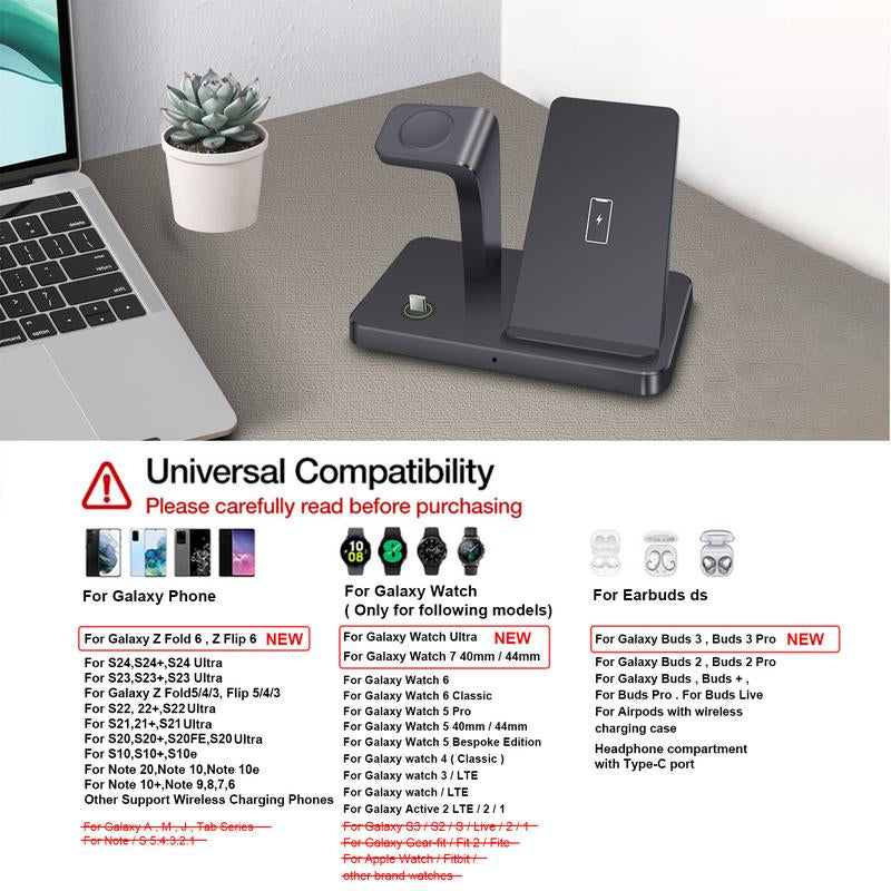 Wireless Charger for Samsung Charging Station, 3 in 1 Fast Charging Stand for Galaxy S25/S24/S23/S22/S21/S20,Note 20/10& Galaxy Buds, Wireless Charger for Galaxy Watch Ultra 7 6 5 Pro/5/4/3/Active 2/1