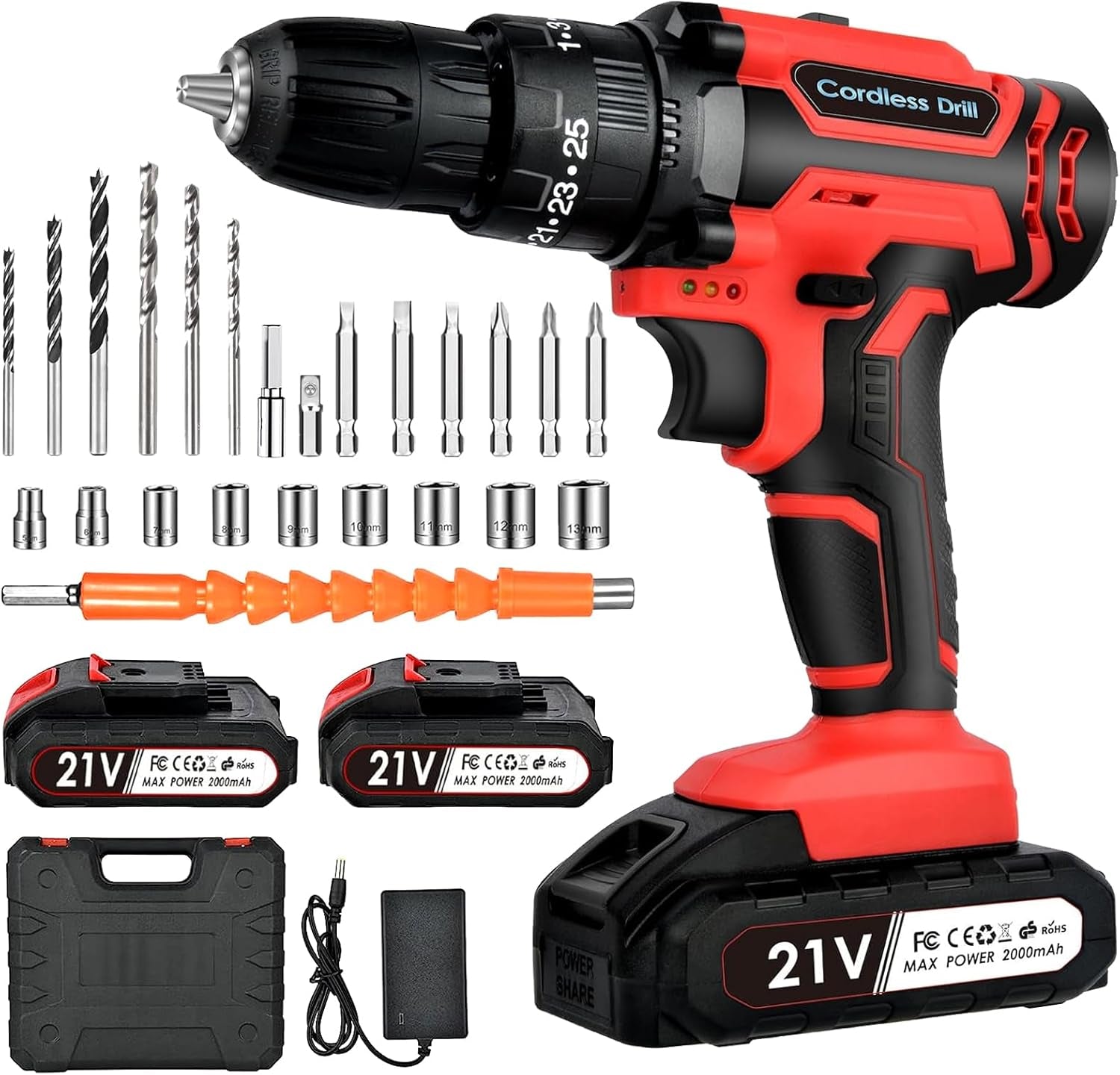 21V Cordless Drill Driver Set: High-Performance Drill with Dual 2.0Ah Batteries, 25+3 Torque Settings, 24 Drill Bits, 2 Speed Options, and LED Light for DIY Projects