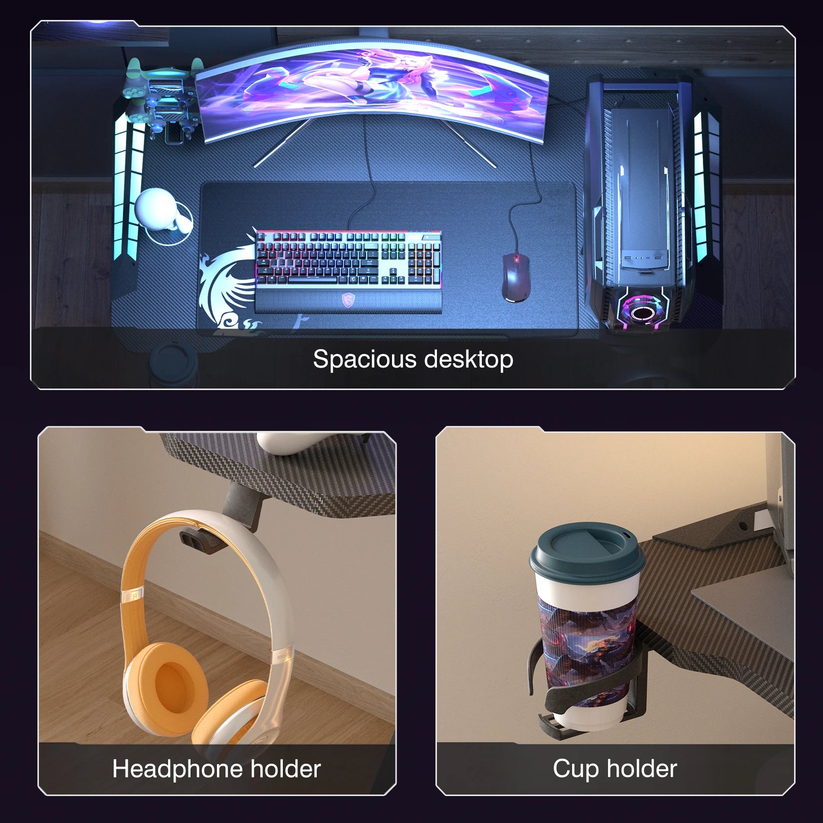 Z-Shaped RGB LED Gaming Desk - Extra Large 140cm Home Office Table