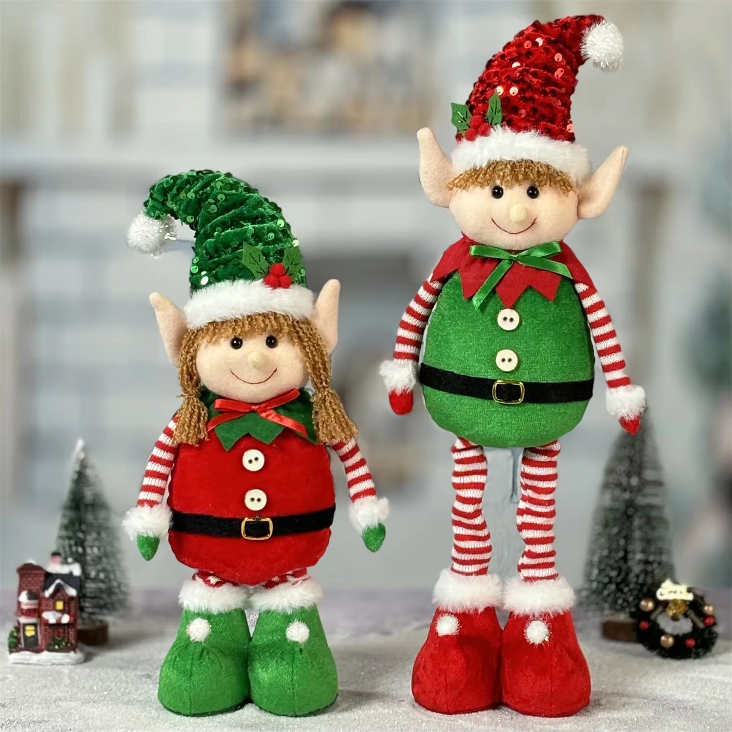 Set of 2 Christmas Hanging Elf Telescopic Doll Ornaments - Ideal Gifts for Children