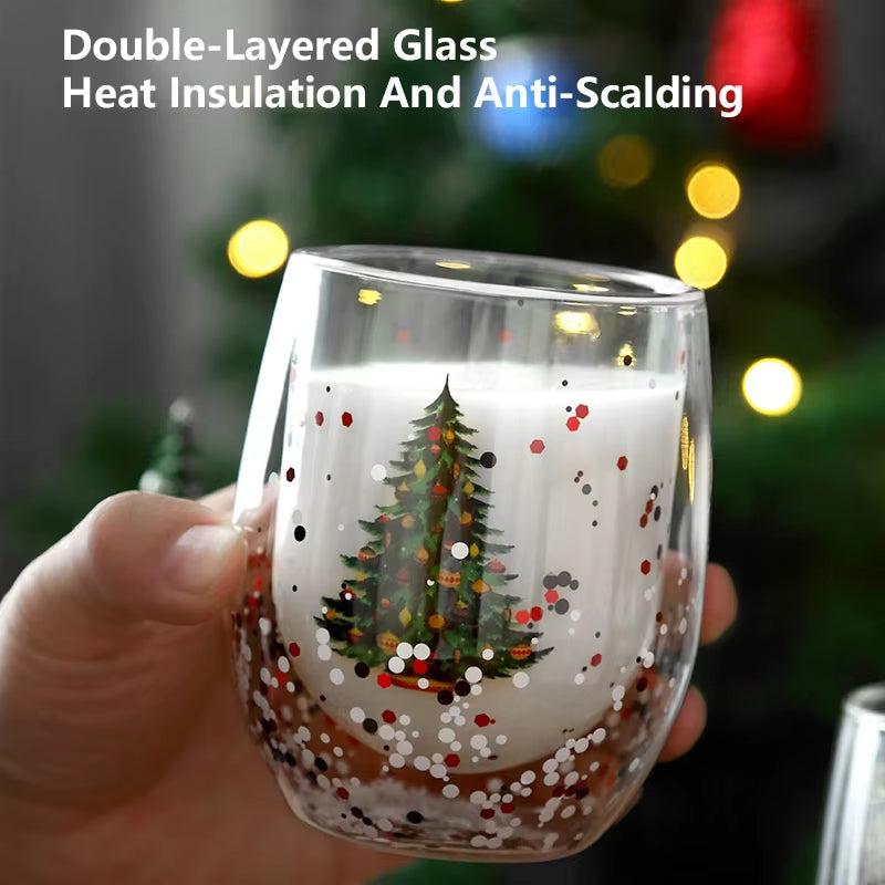 1PCS Double-Wall Christmas Glass Mug Heat-Resistant Beautiful Cup for Coffee Water Bar Drinkware Christmas Gift