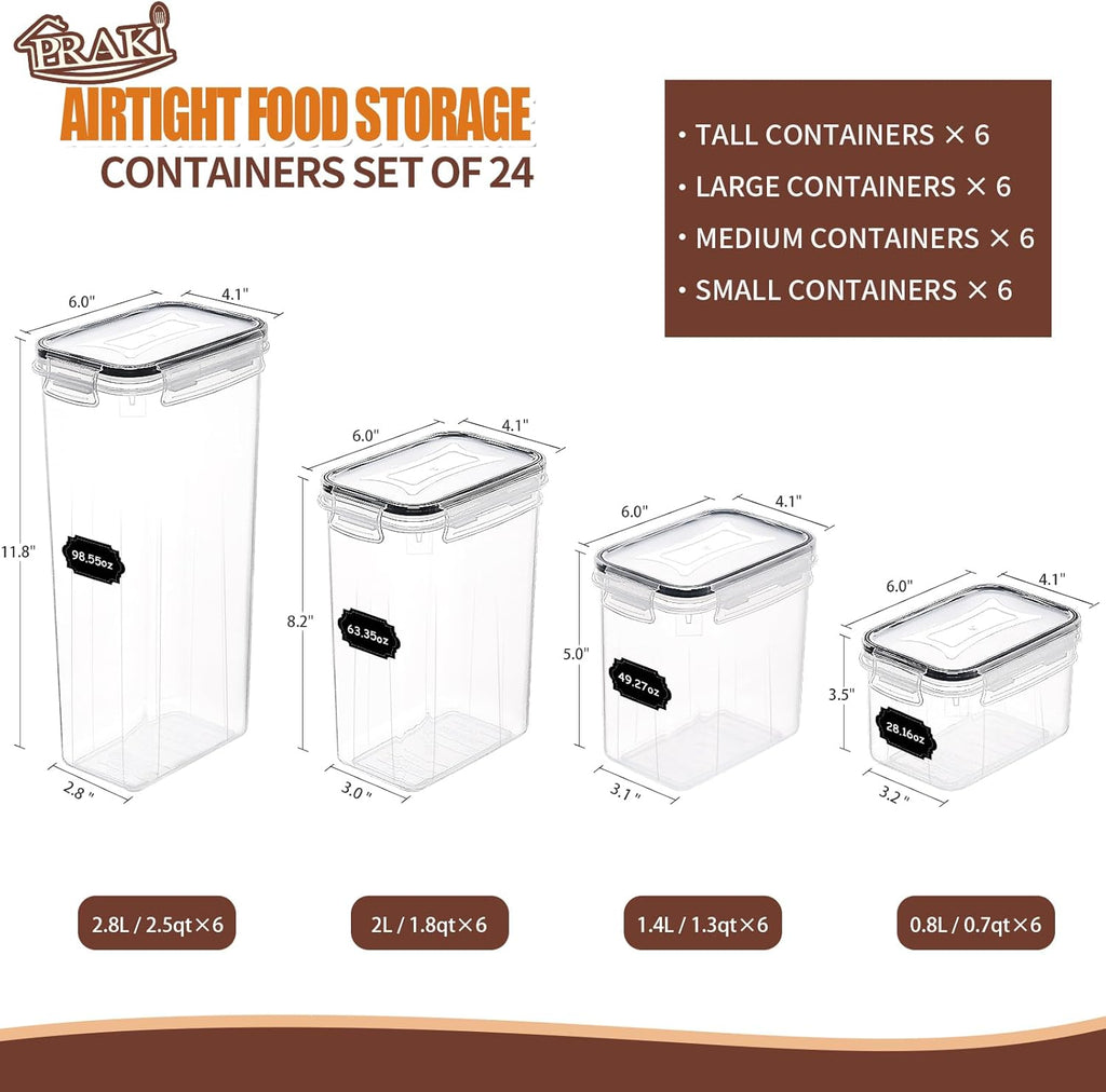 24-Piece Airtight Food Storage Container Set with Lids - BPA-Free Plastic Leak-Proof Canisters for Kitchen and Pantry Organization - Ideal for Cereal, Flour, and Sugar - Grey and White (Model: Pra220811Gy)