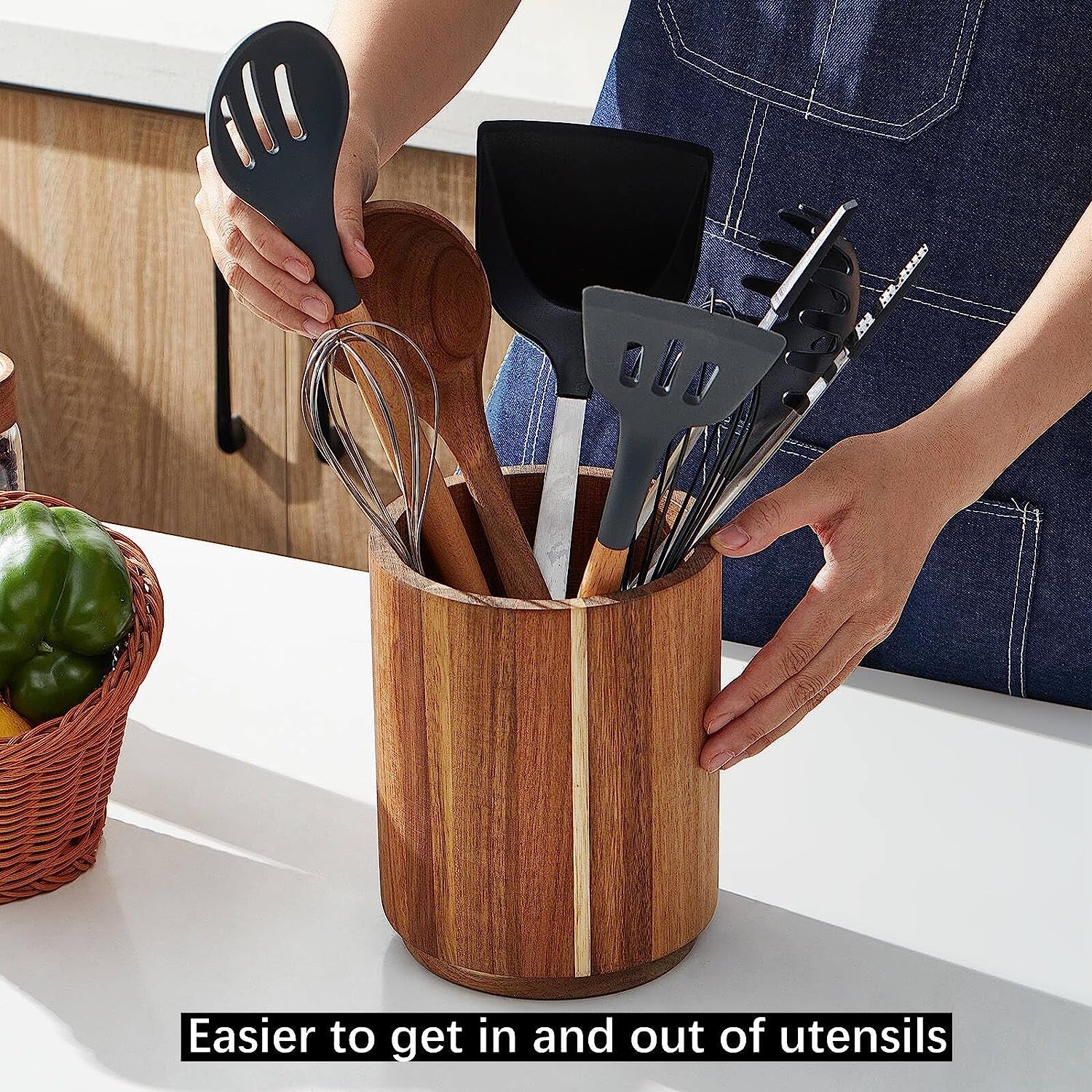 Acacia Wood 360-Degree Rotating Utensil Holder for Kitchen Countertop - 7.2 Inch Decorative Storage Solution