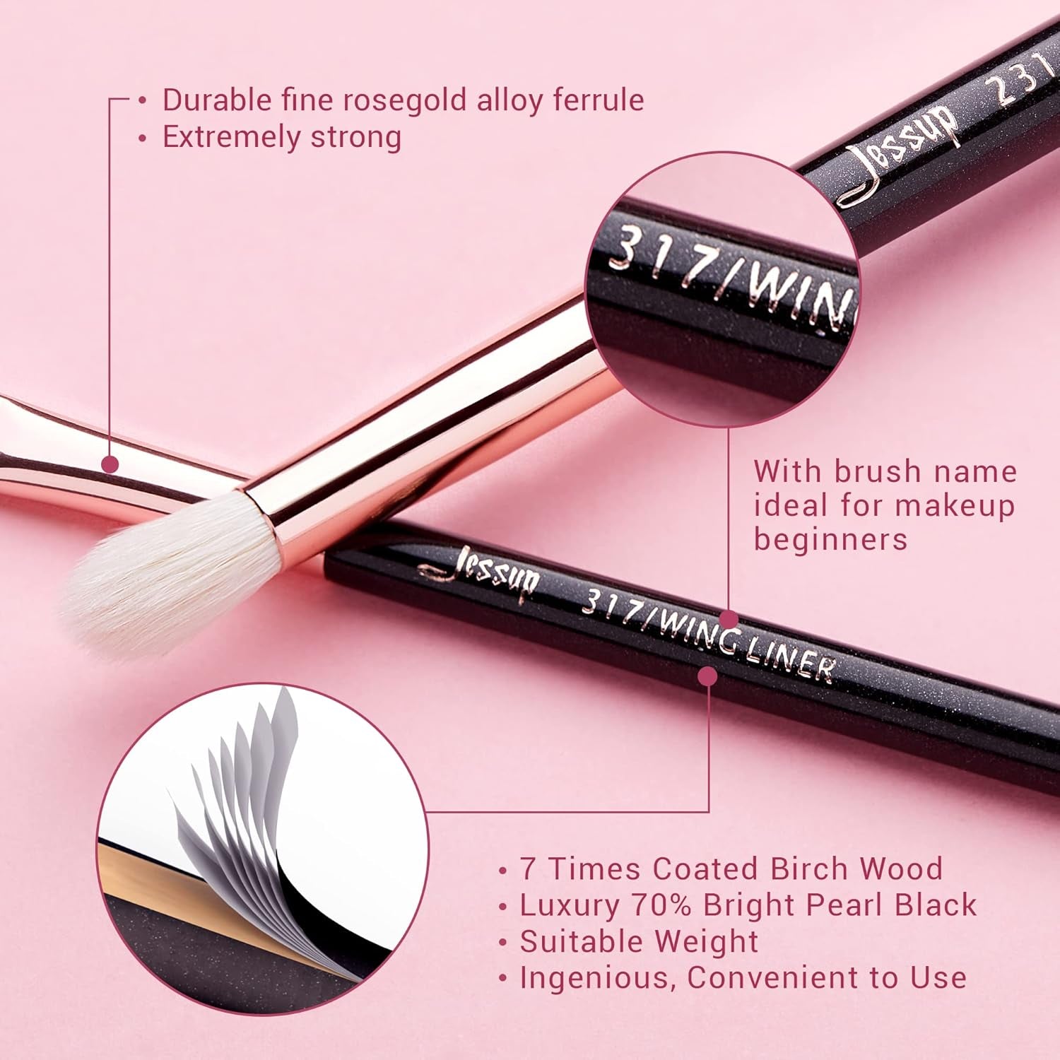 15Pcs Professional Makeup Brushes Set Make up Brush Tools Kit Cosmetics Tools Eye Liner Shader Wood Handle Natural-Synthetic Hair Brushes (Pearl Black/Rose Gold), T157