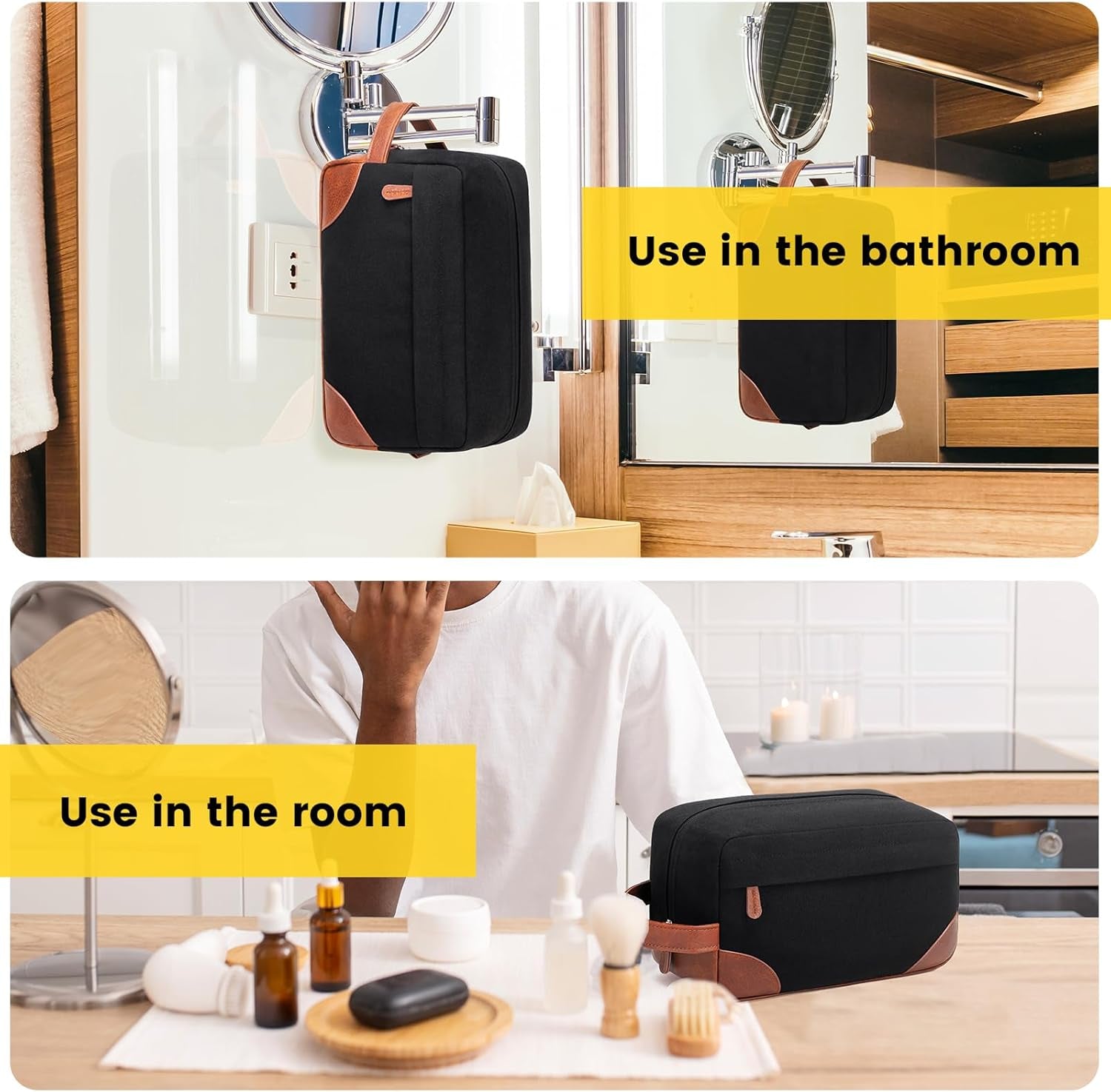 Large Water-Resistant Canvas Hanging Toiletry Bag for Men - Travel Shaving Organizer in Black