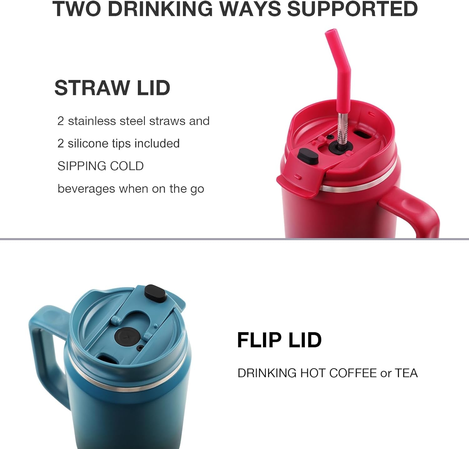 40 oz Insulated Tumbler with Handle, Lid, and Straw - Large Stainless Steel Sports Water Bottle and Travel Coffee Mug in Black