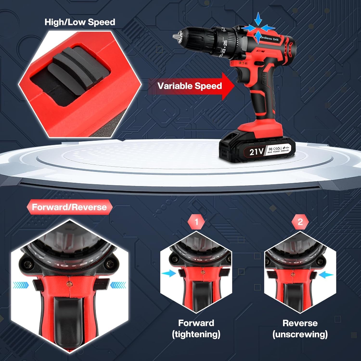 21V Cordless Drill Driver Set: High-Performance Drill with Dual 2.0Ah Batteries, 25+3 Torque Settings, 24 Drill Bits, 2 Speed Options, and LED Light for DIY Projects