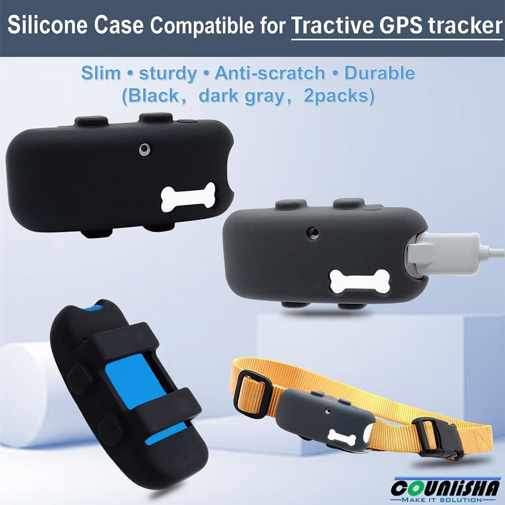 Silicone Holder for Tractive GPS Pet Tracker - 2 Pack Waterproof Rubber Accessories Cover, Anti-Scratch Lightweight Case with Strap for Dog and Cat Collars (Black, Grey)