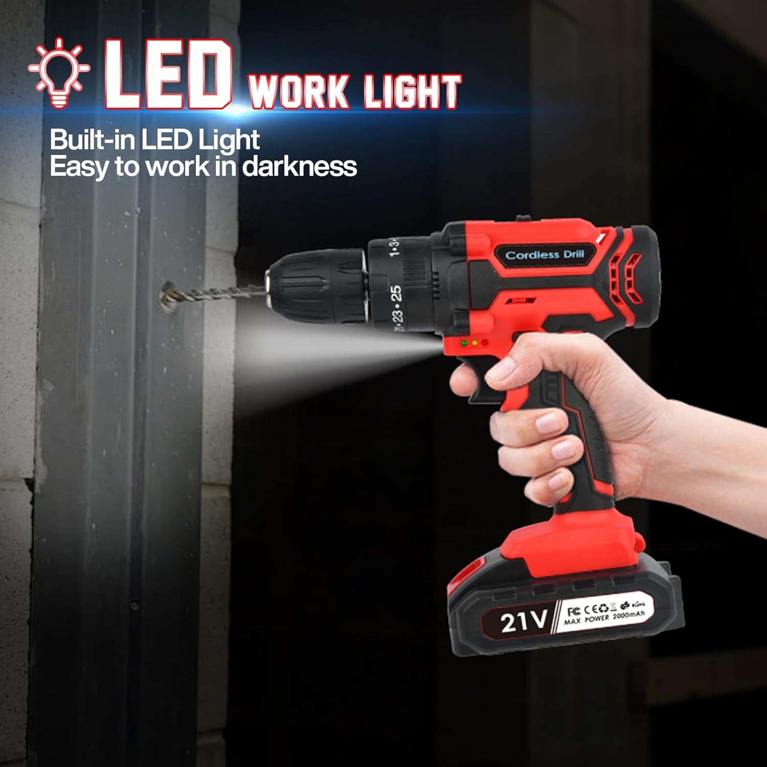 21V Cordless Drill Driver Set: High-Performance Drill with Dual 2.0Ah Batteries, 25+3 Torque Settings, 24 Drill Bits, 2 Speed Options, and LED Light for DIY Projects