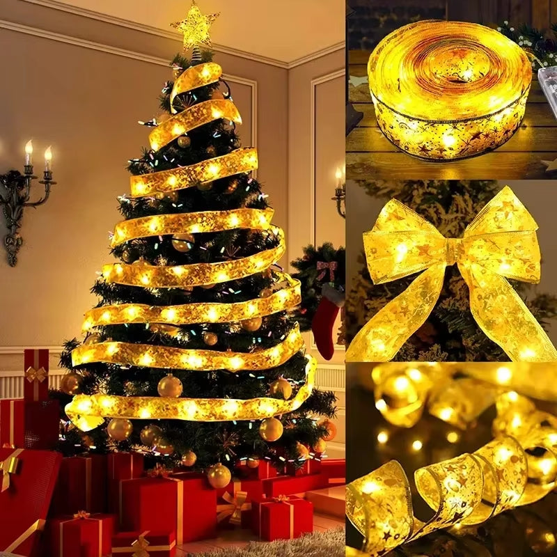 Elegant Ribbon Fairy Light Christmas Decorations - String Lights for Home and Tree Ornaments for the 2024 Holiday Season