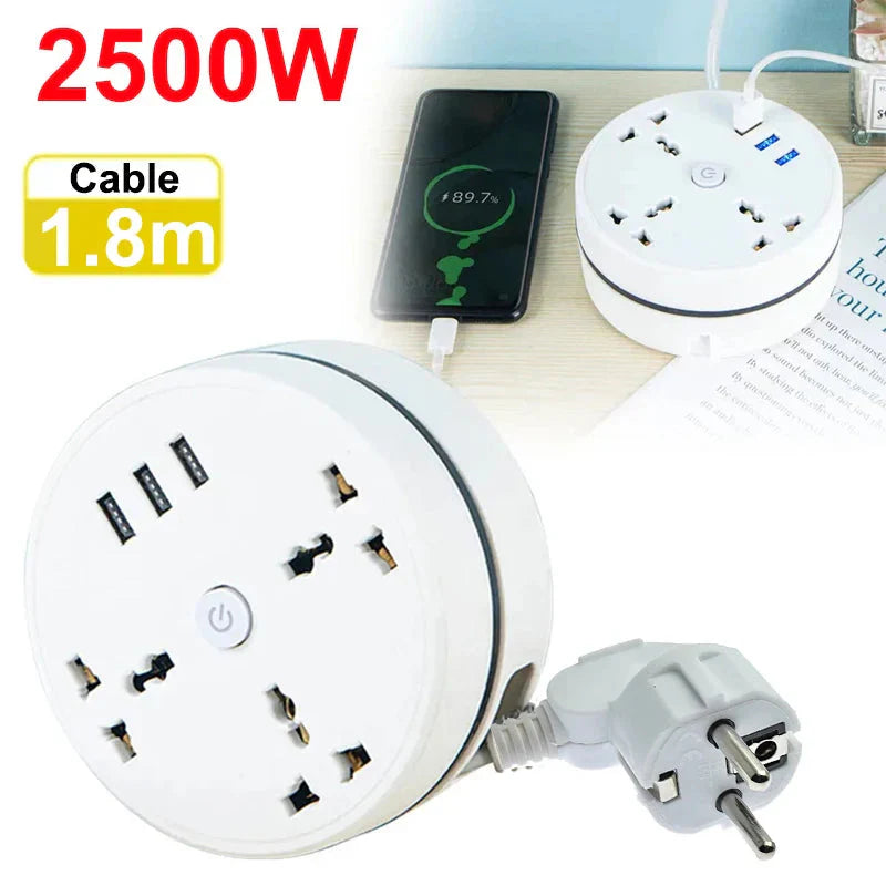 EU plug smart power strip with multiple sockets USB ports and 1.8m cable for charging devices