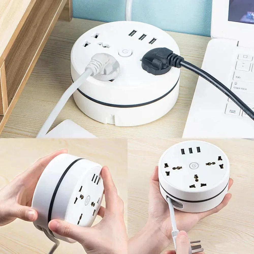 EU plug smart power strip with multiple outlets and USB ports in white, shown on desk and held in hands