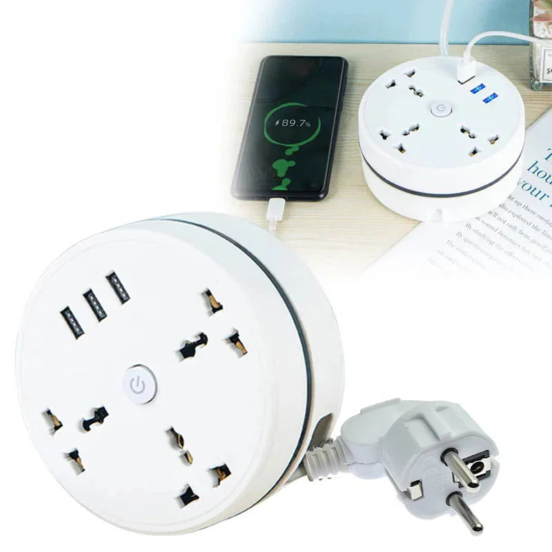 White EU plug smart power strip with multiple sockets and USB ports for charging devices