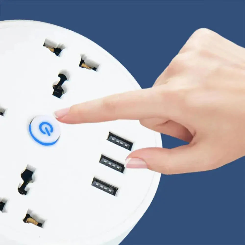 Hand pressing power button on white EU plug smart power strip with USB ports