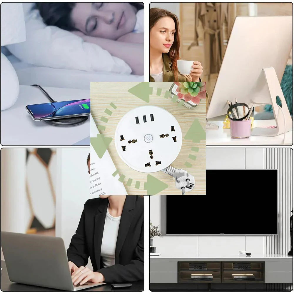 EU plug smart power strip with multiple outlets and USB ports in various home and office use settings