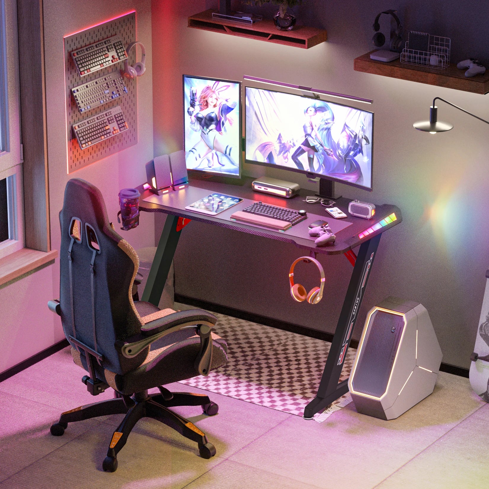 Z-Shaped RGB LED Gaming Desk - Extra Large 140cm Home Office Table