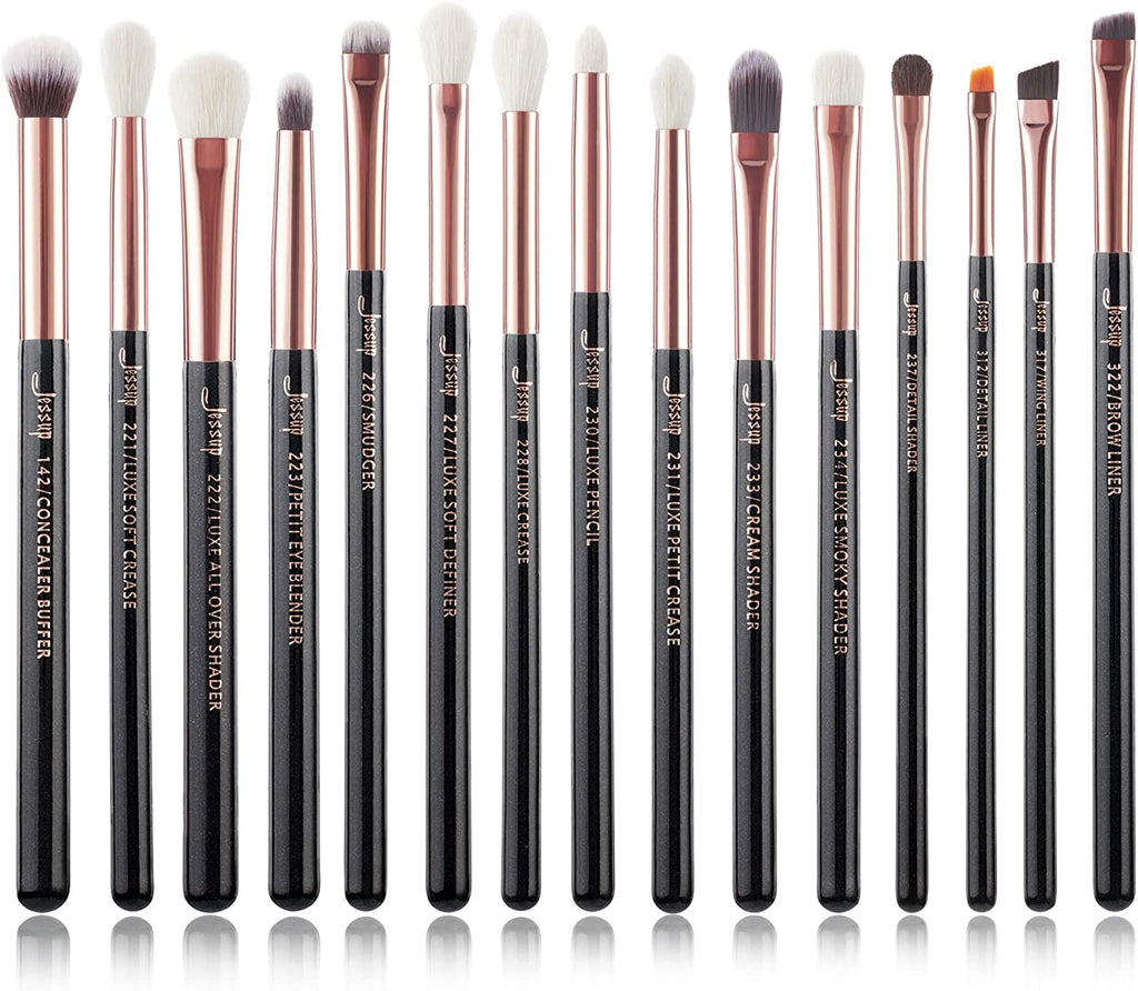 15Pcs Professional Makeup Brushes Set Make up Brush Tools Kit Cosmetics Tools Eye Liner Shader Wood Handle Natural-Synthetic Hair Brushes (Pearl Black/Rose Gold), T157