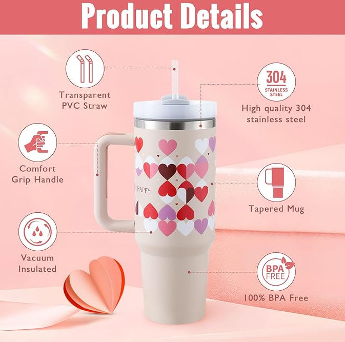 40 Oz Tumbler With Handle Straw Insulated, Stainless Steel Spill Proof Vacuum Coffee Cup Tumbler With Lid Tapered Mug Gifts For Valentine Lover Suitable For Car Gym Office Travel  40 Oz