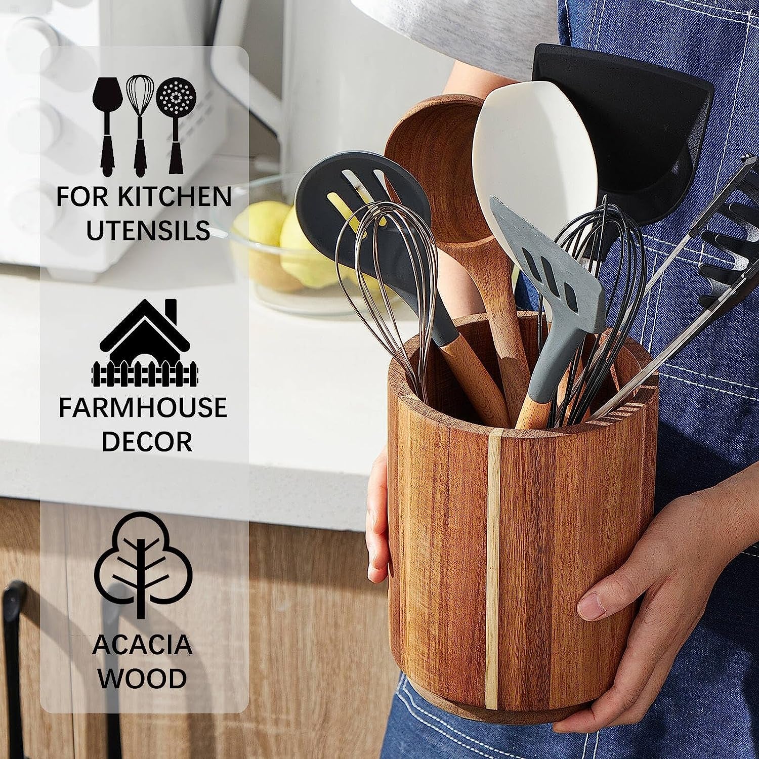 Acacia Wood 360-Degree Rotating Utensil Holder for Kitchen Countertop - 7.2 Inch Decorative Storage Solution