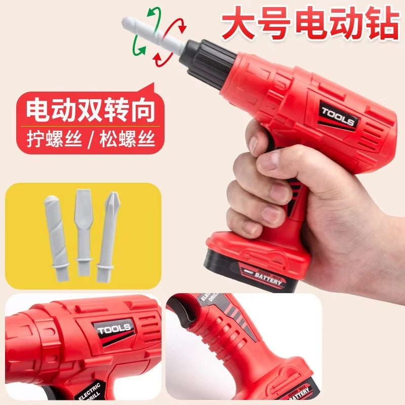 Kids pretend tool kit red electric drill toy with interchangeable screwdriver bits held in hand