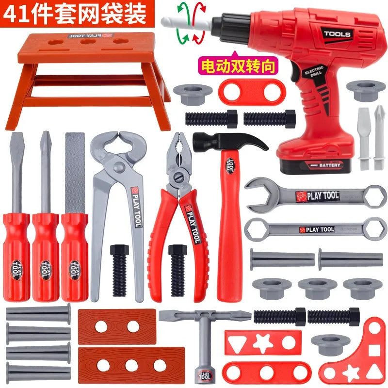 Kids pretend tool kit with red and gray toy hammer drill, pliers, wrenches, screwdrivers, and workbench