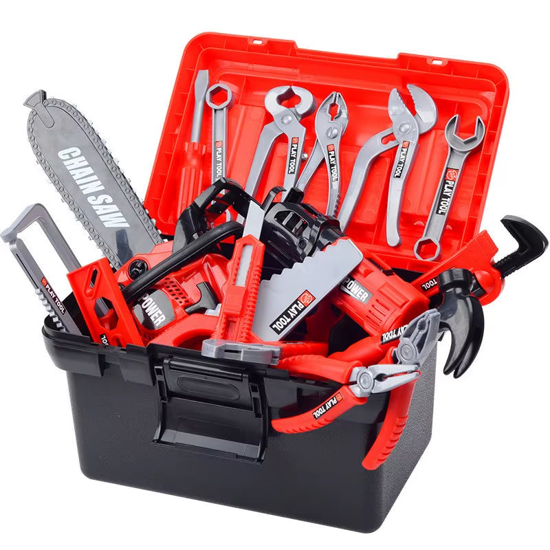 Kids pretend tool kit with red and black toy tools including saw, pliers, wrench, and hammer in a black toolbox