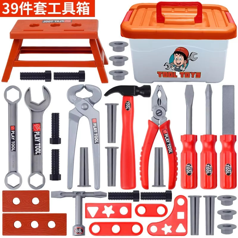 SHOP WORLDWIDES kids pretend tool kit with hammer, wrench, pliers, screwdrivers, and toy nuts in a storage box